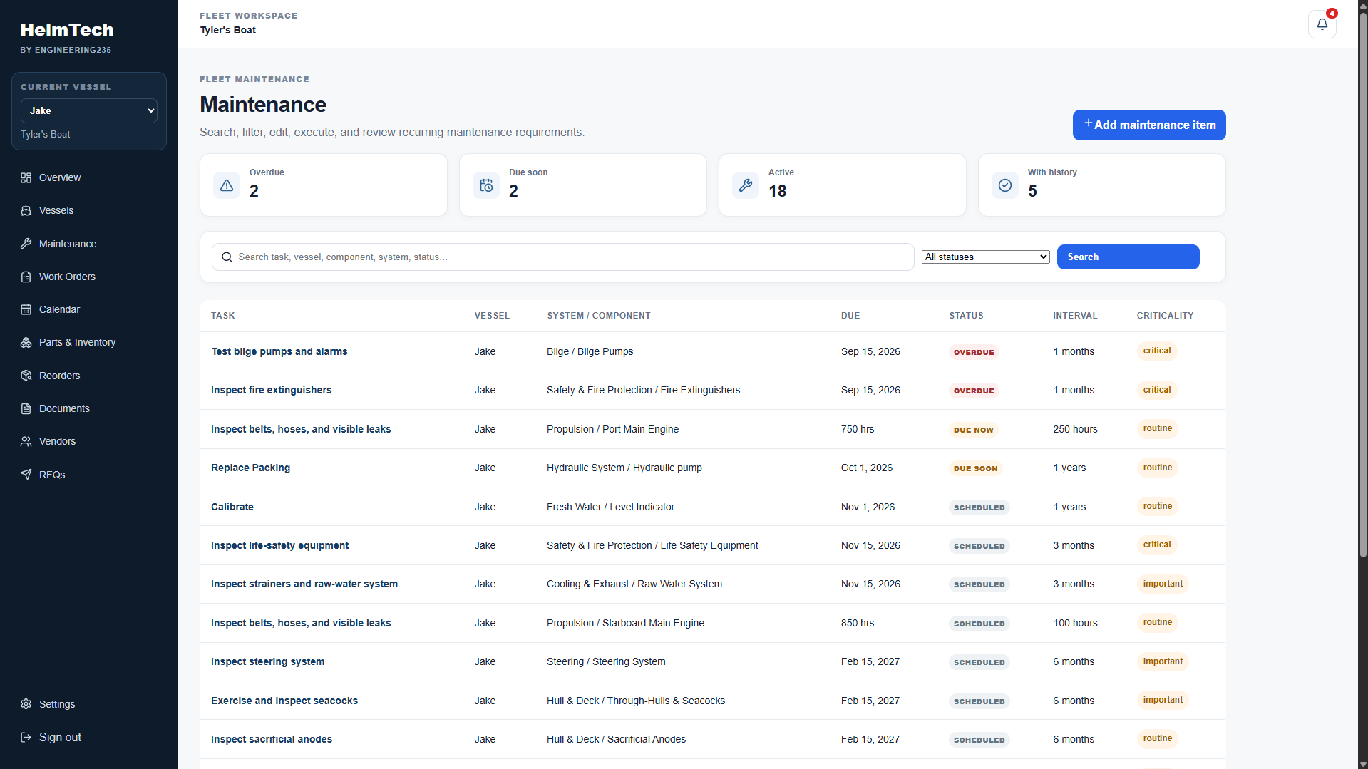 HelmTech maintenance list with due status